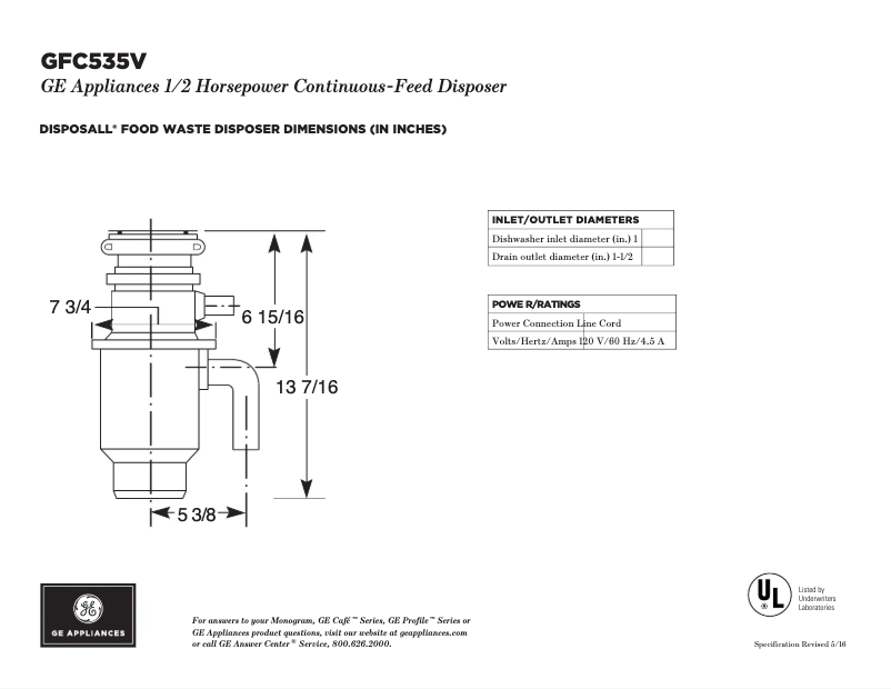 Página 1 del manual Ficha técnica GE GFC535V