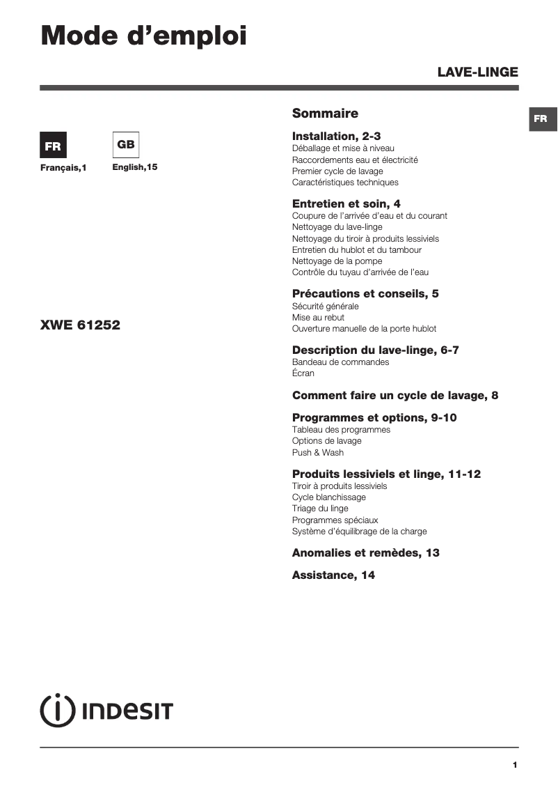 Página 1 del manual Manual de usuario Indesit XWE 61252 W FR
