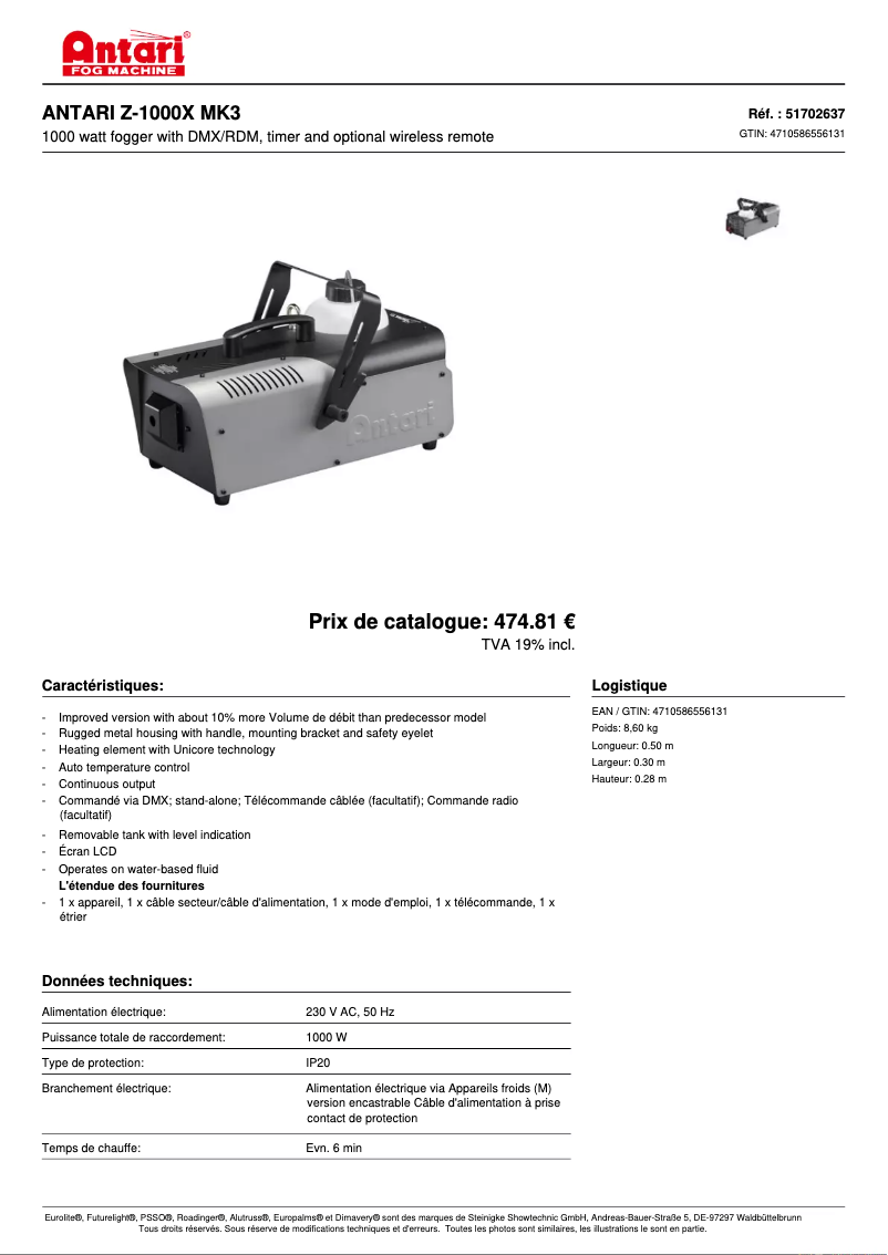 Página 1 del manual Ficha técnica Antari Z-1000 III