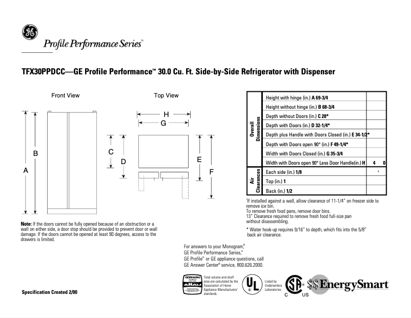 Página 1 del manual Ficha técnica GE Profile Performance TFX30PPDCC