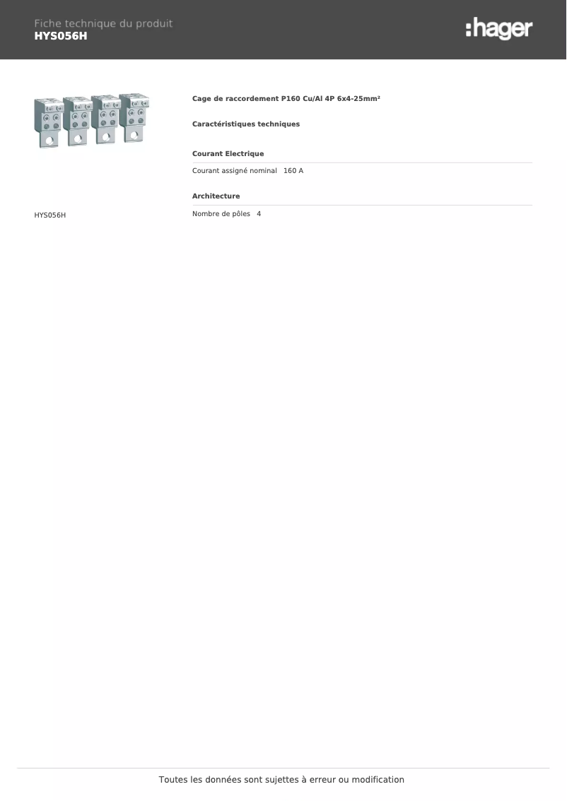 Página 1 del manual Ficha técnica Hager HYS056H