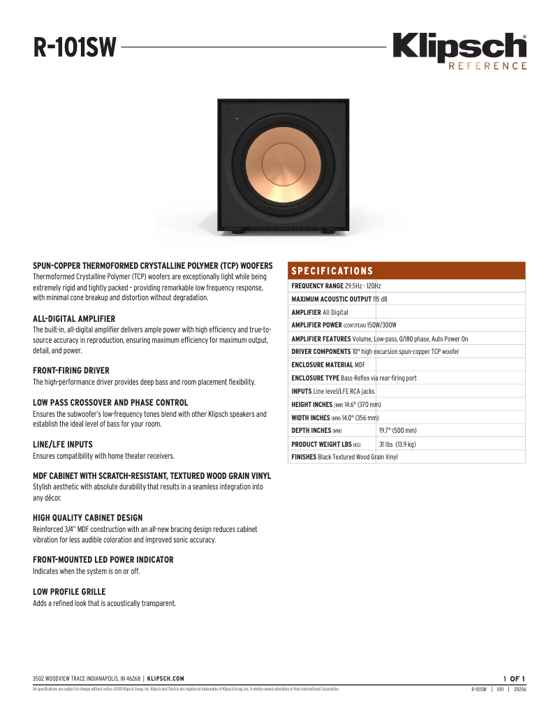 Página nº 1 - Ficha técnica Klipsch R-101SW