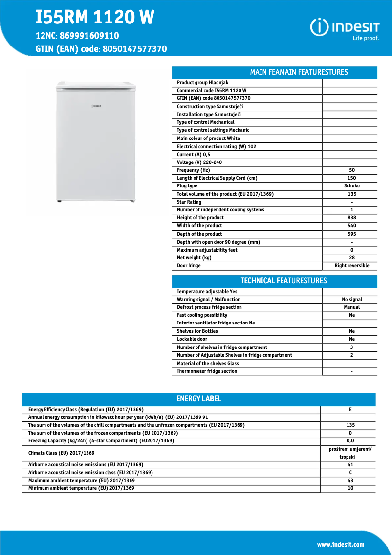 Página 1 del manual Ficha técnica Indesit I55RM 1120 W
