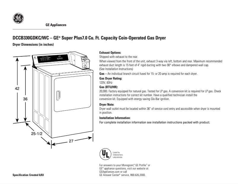 Página 1 del manual Ficha técnica GE DCCB330GDWC