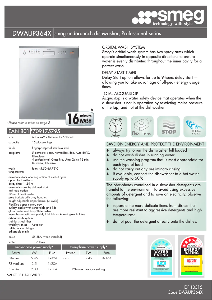 Página 1 del manual Ficha técnica Smeg DWAUP364X