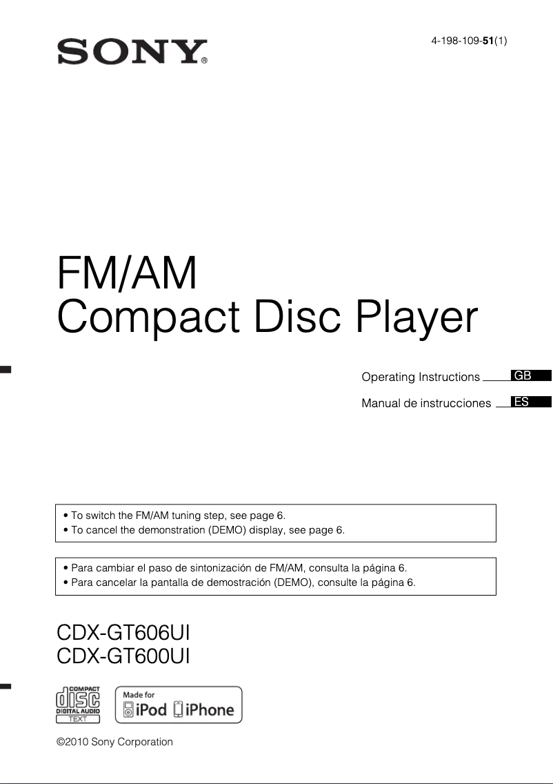 Imagen de la primera página del manual del dispositivo CDX-GT600UI