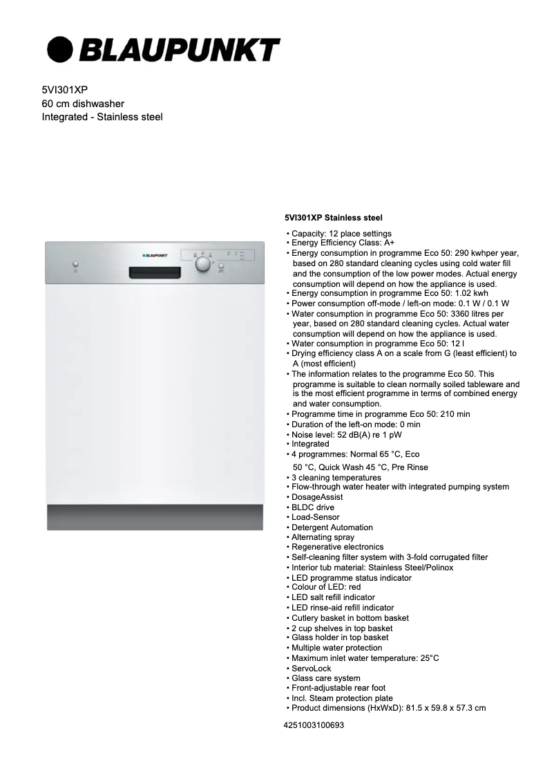 Página 1 del manual Ficha técnica Blaupunkt 5VI 301XP