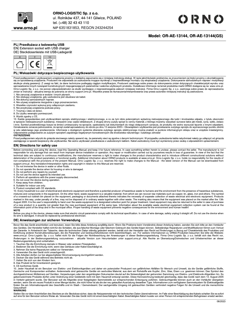 Imagen de la primera página del manual del dispositivo OR-AE-13144