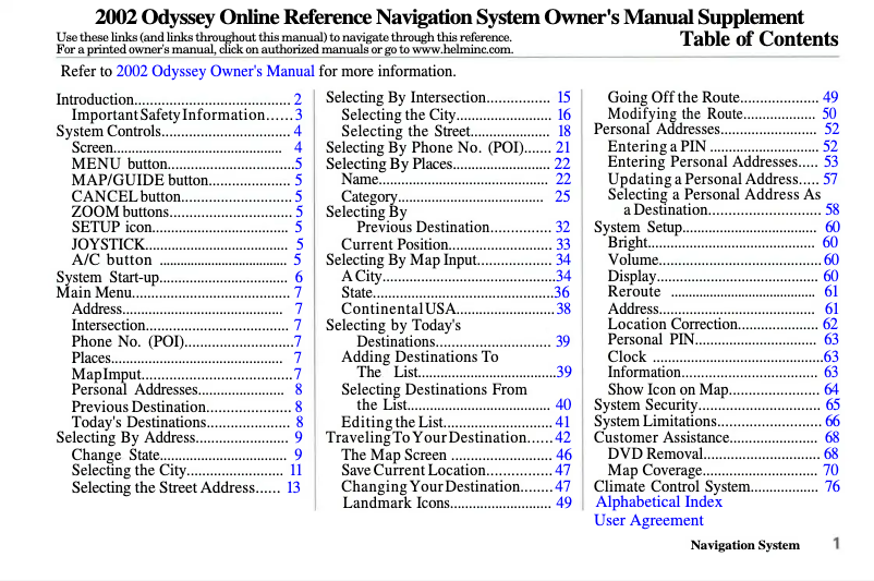 Página 1 del manual Manual de usuario Honda Odyssey (2002)