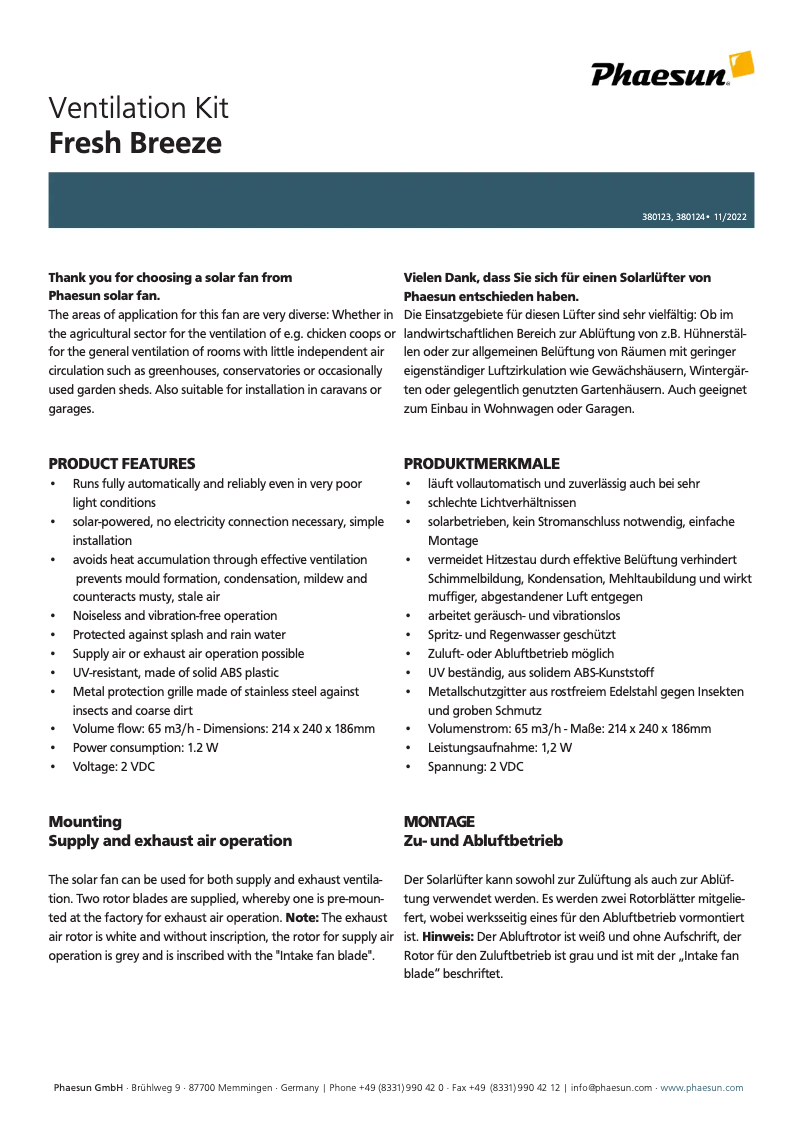 Imagen de la primera página del manual del dispositivo Fresh Breeze