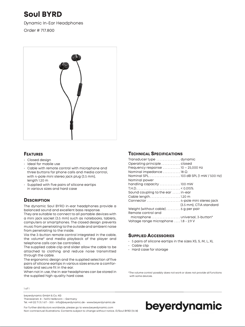 Página 1 del manual Ficha técnica Beyerdynamic Soul BYRD