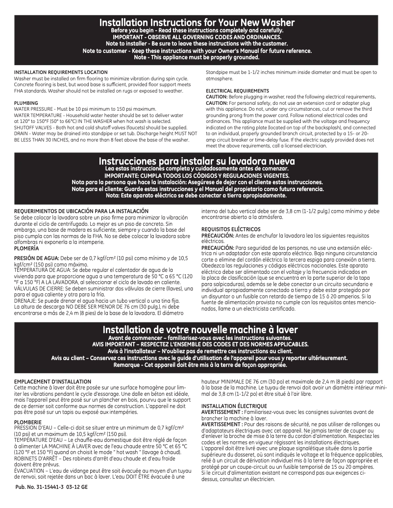 Página 1 del manual Guía de instalación GE GTWP1800HWS