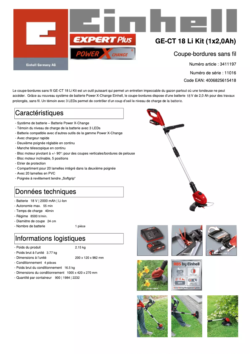 Página 1 del manual Ficha técnica Einhell GE-CT 18 Li Kit