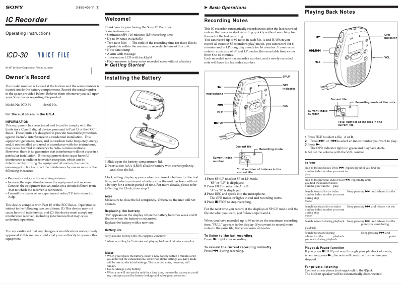 Imagen de la primera página del manual del dispositivo ICD-30