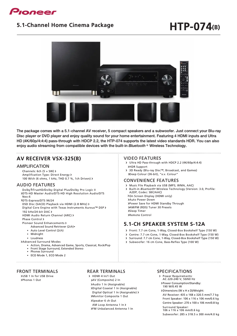 Página 1 del manual Ficha técnica Pioneer HTP-074