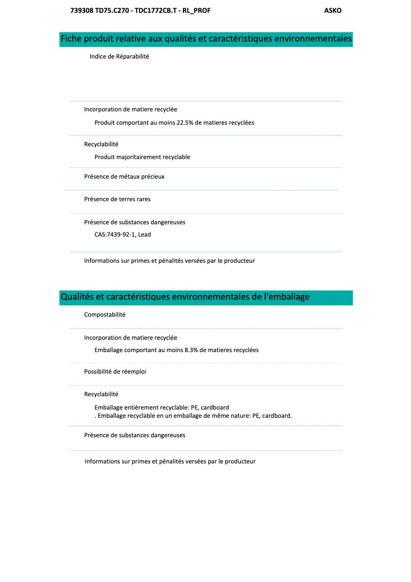 Página 1 del manual Ficha técnica Asko TDC1772CBT