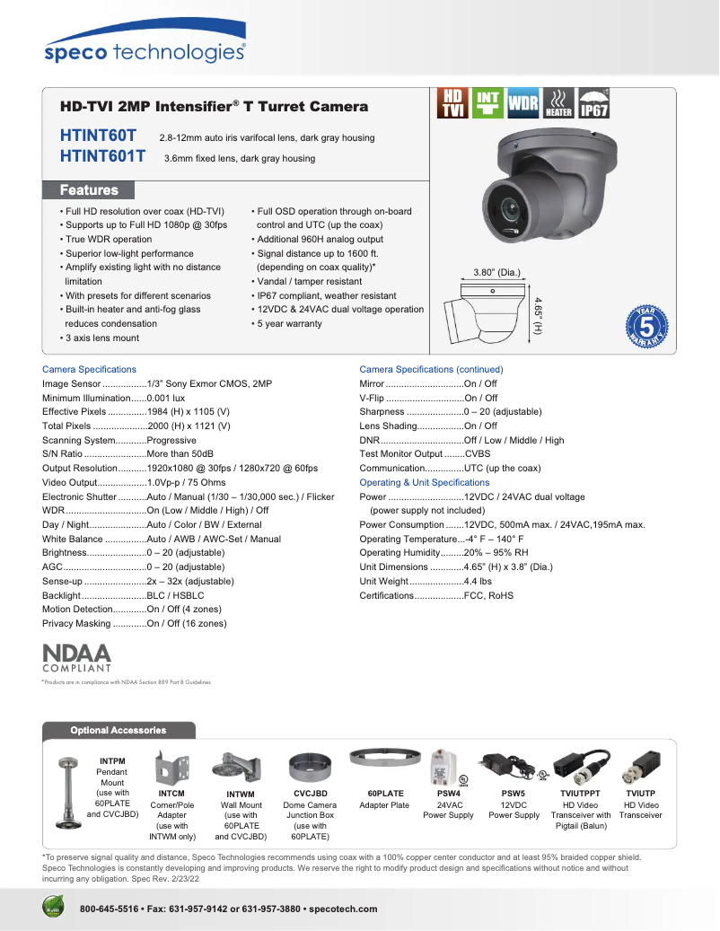 Página nº 1 - Ficha técnica Speco Technologies Intensifier T HTINT60T