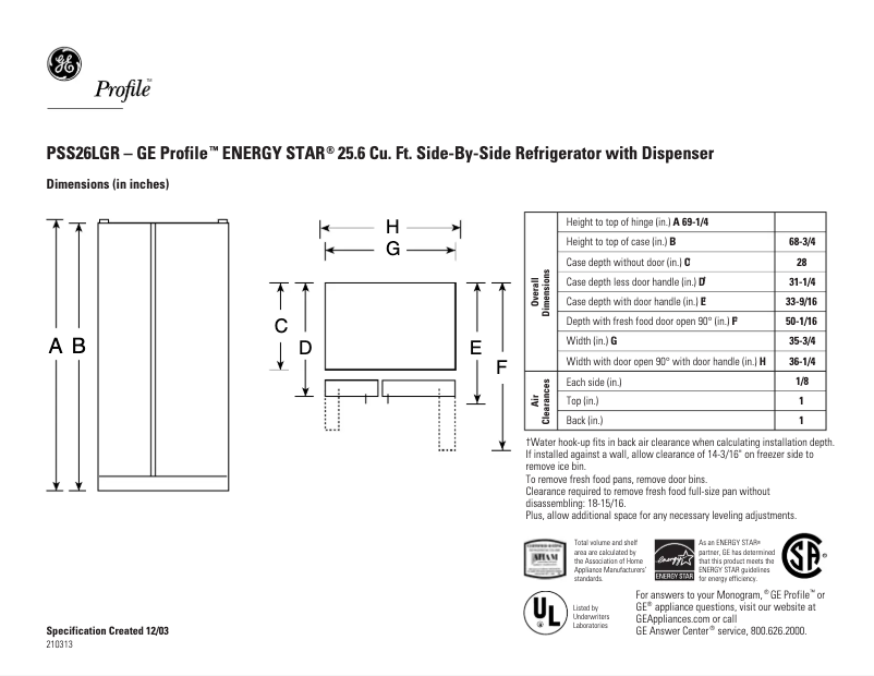 Página 1 del manual Ficha técnica GE Profile PSS26LGRWW
