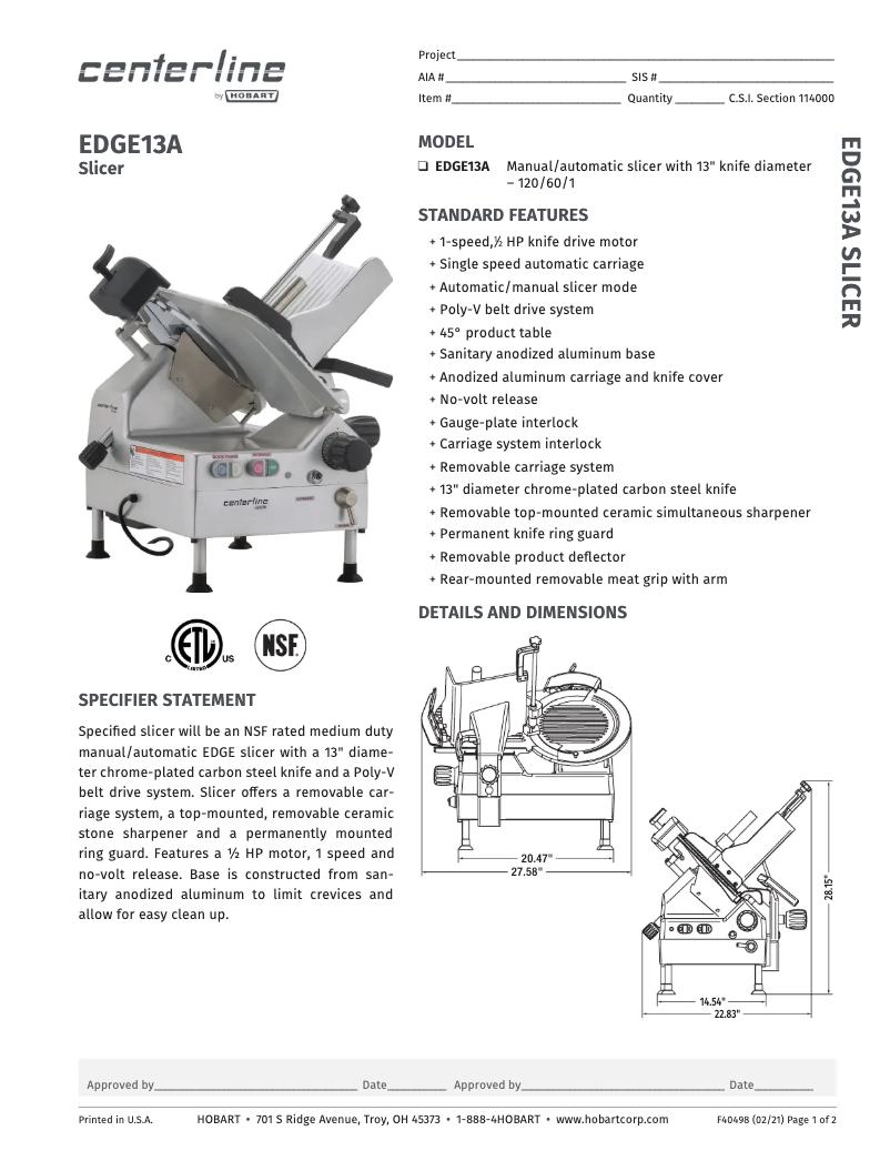 Página 1 del manual Ficha técnica Centerline EDGE13A