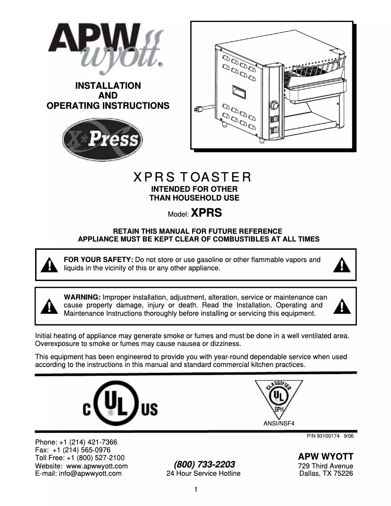 Página nº 1 - Manual de usuario APW Wyott XTRM-1