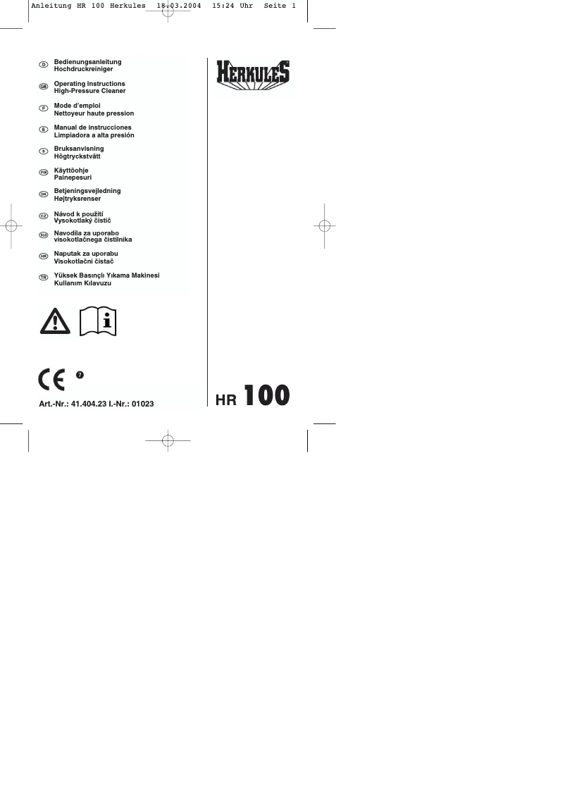Imagen de la primera página del manual del dispositivo HR 100