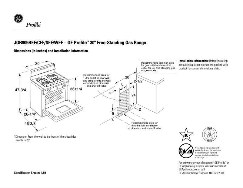 Página 1 del manual Ficha técnica GE Profile JGB905CEFCC