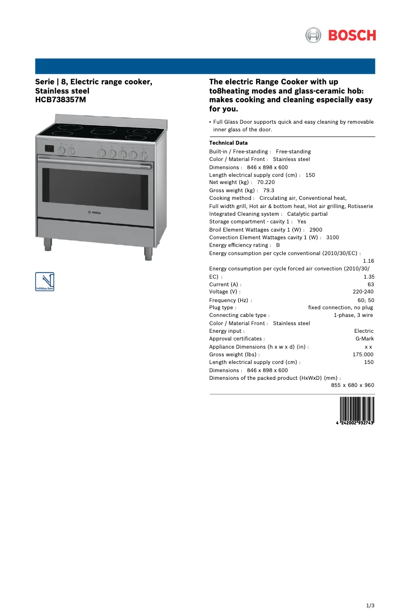 Página nº 1 - Ficha técnica Bosch HCB738357M