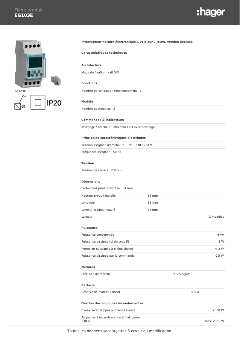 Página 1 del manual Ficha técnica Hager EG103E