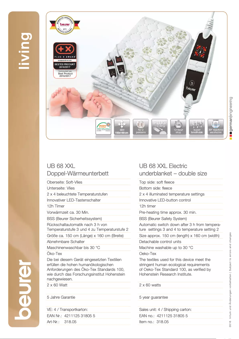 Página 1 del manual Ficha técnica Beurer UB 68 XXL