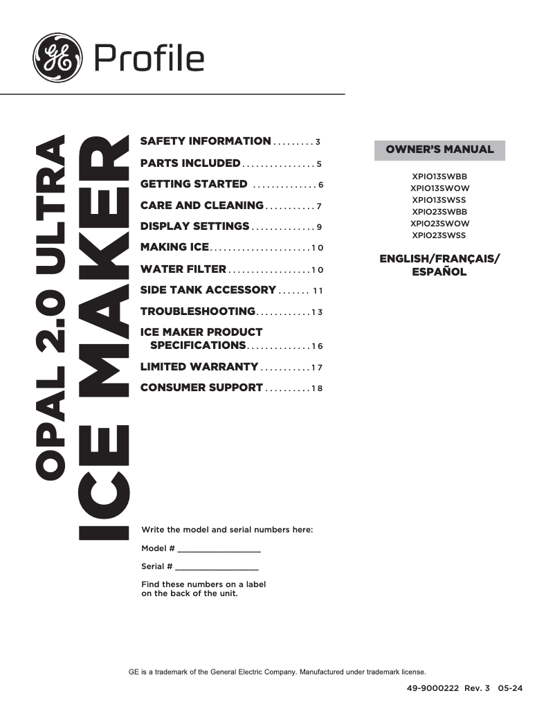 Página 1 del manual Manual de usuario GE Profile Opal XPIO13SWSS