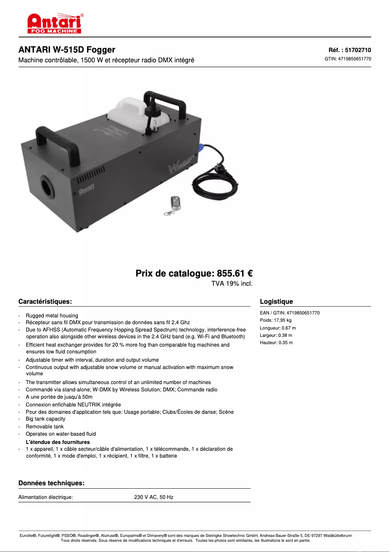Página 1 del manual Ficha técnica Antari W-515D