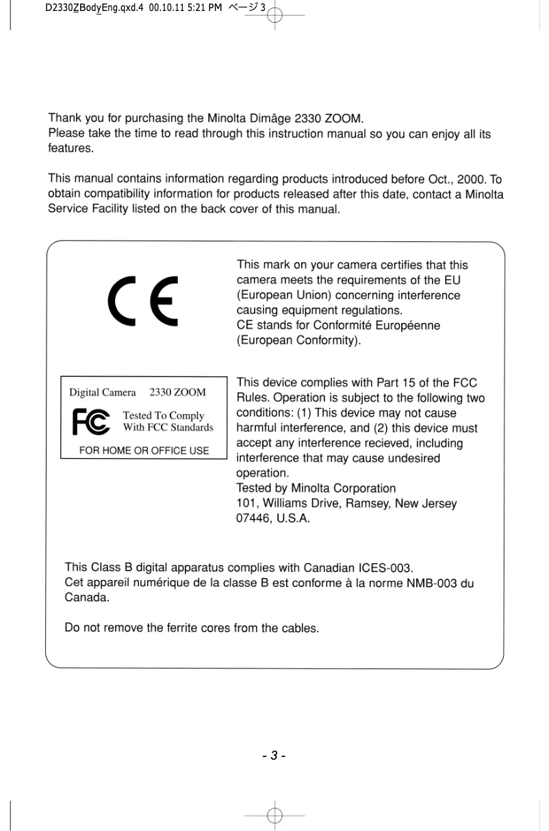 Imagen de la primera página del manual del dispositivo Minolta Dimage 2330