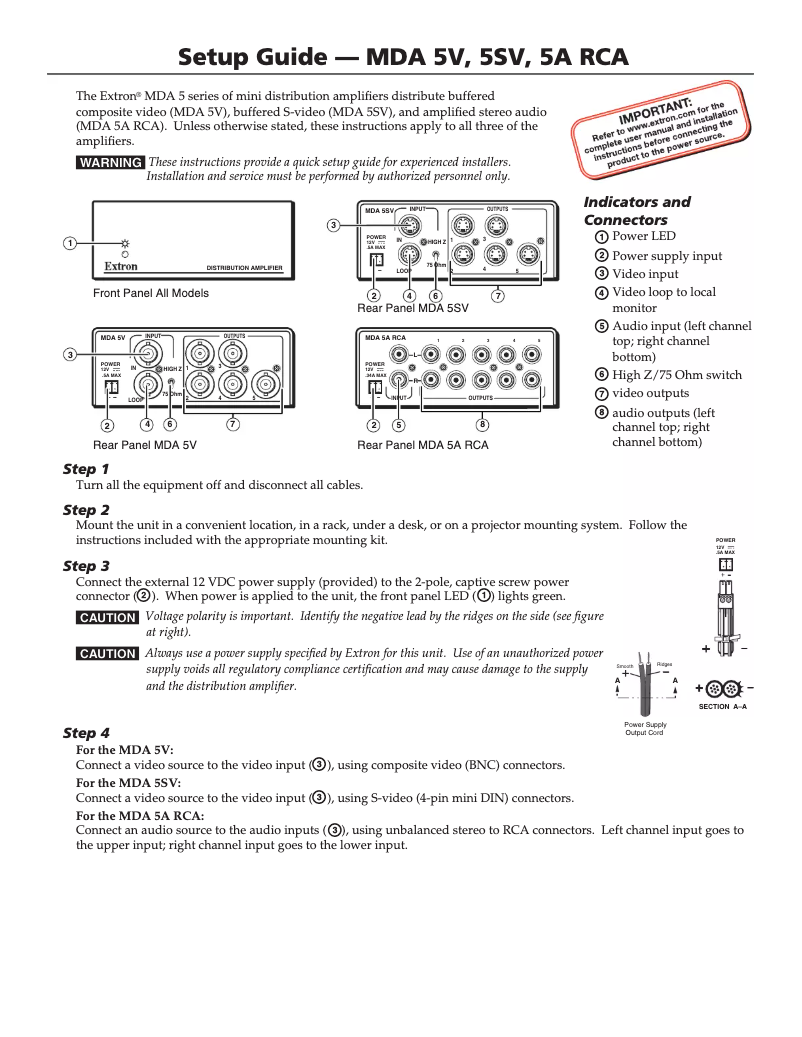 Página 1 del manual Manual de usuario Extron MDA 5A RCA