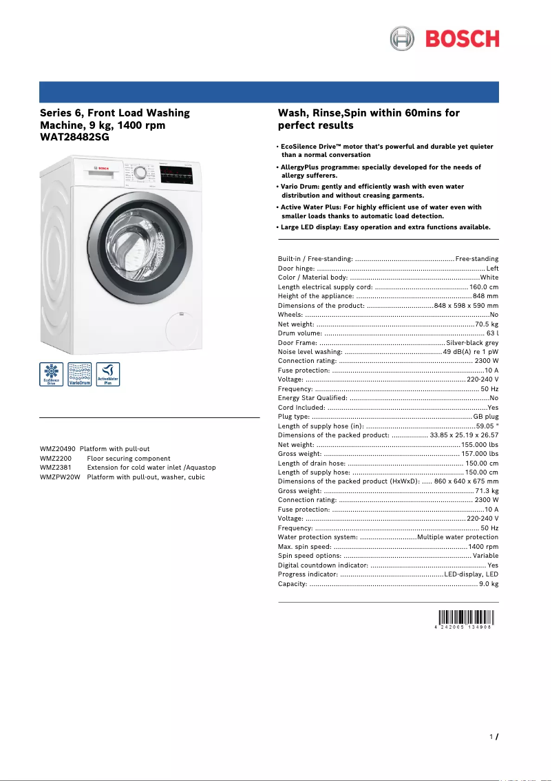 Página 1 del manual Ficha técnica Bosch WAT28482SG