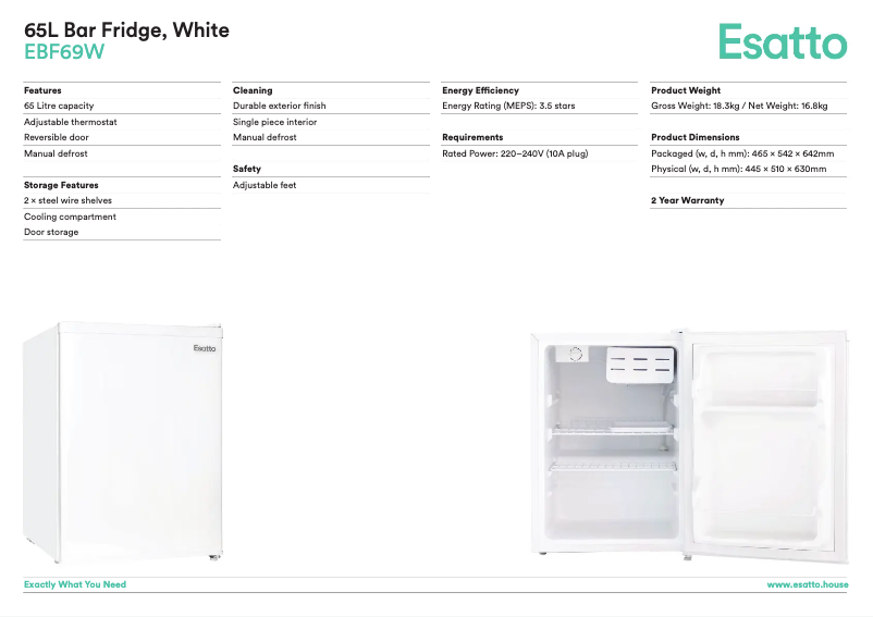 Página 1 del manual Ficha técnica Esatto EBF69W