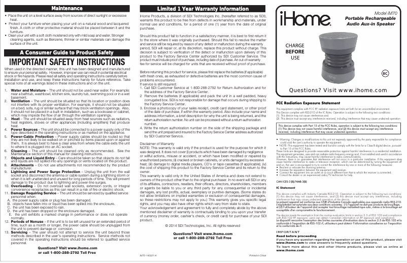 Imagen de la primera página del manual del dispositivo iM70