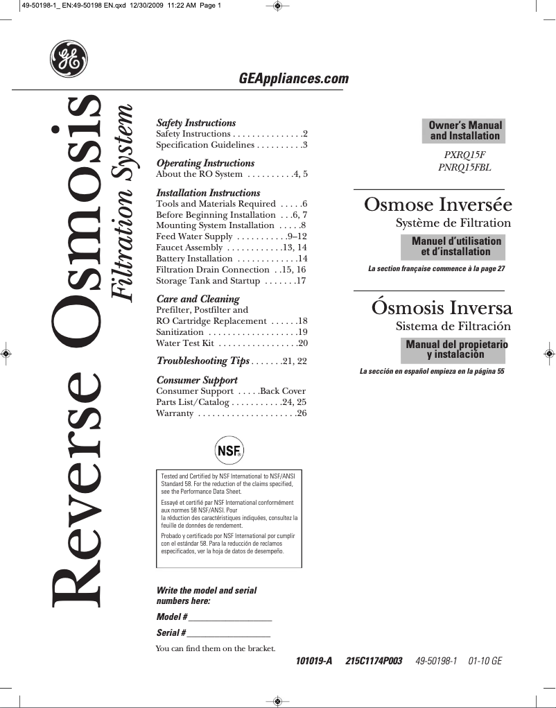 Página 1 del manual Manual de uso y mantenimiento GE Profile PXRQ15F