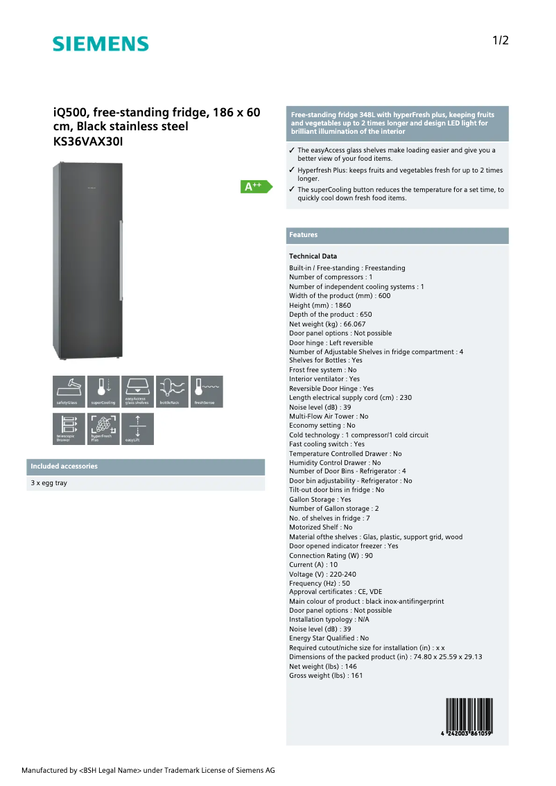 Página 1 del manual Ficha técnica Siemens KS36VAX30I