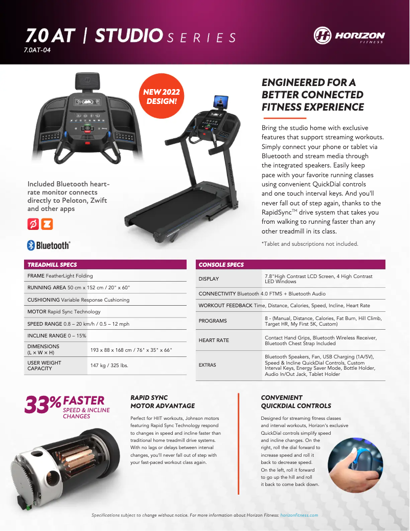 Página 1 del manual Ficha técnica Horizon Fitness 7.0AT