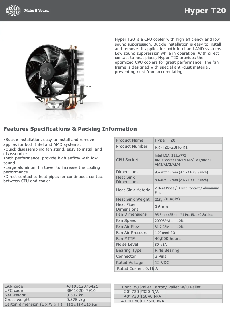 Página 1 del manual Ficha técnica Cooler Master Hyper T20