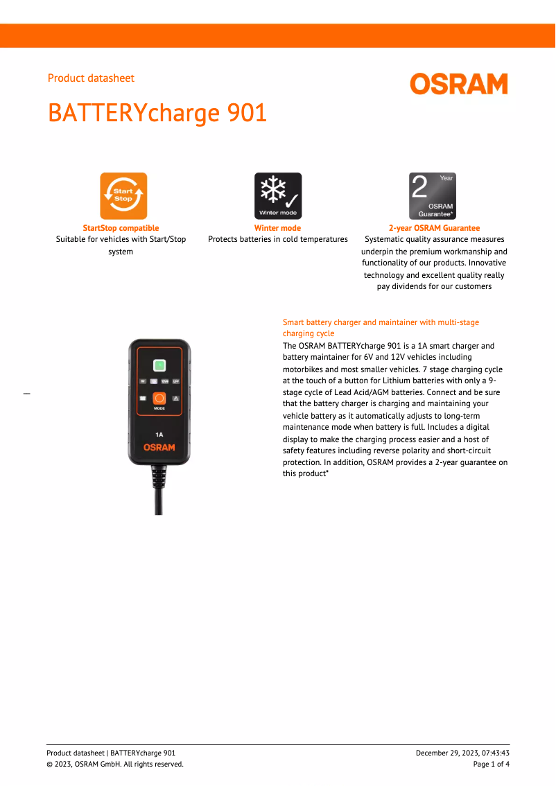 Página 1 del manual Ficha técnica Osram BATTERYcharge 901