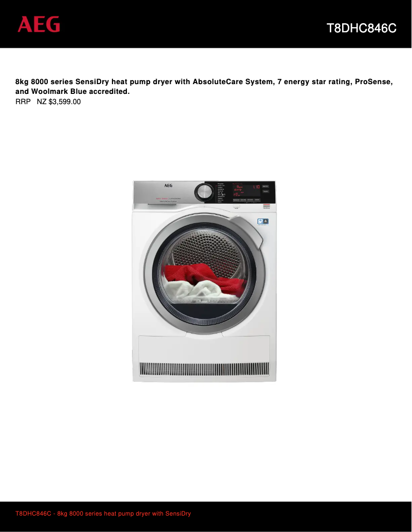 Página 1 del manual Ficha técnica AEG T8DHC846C