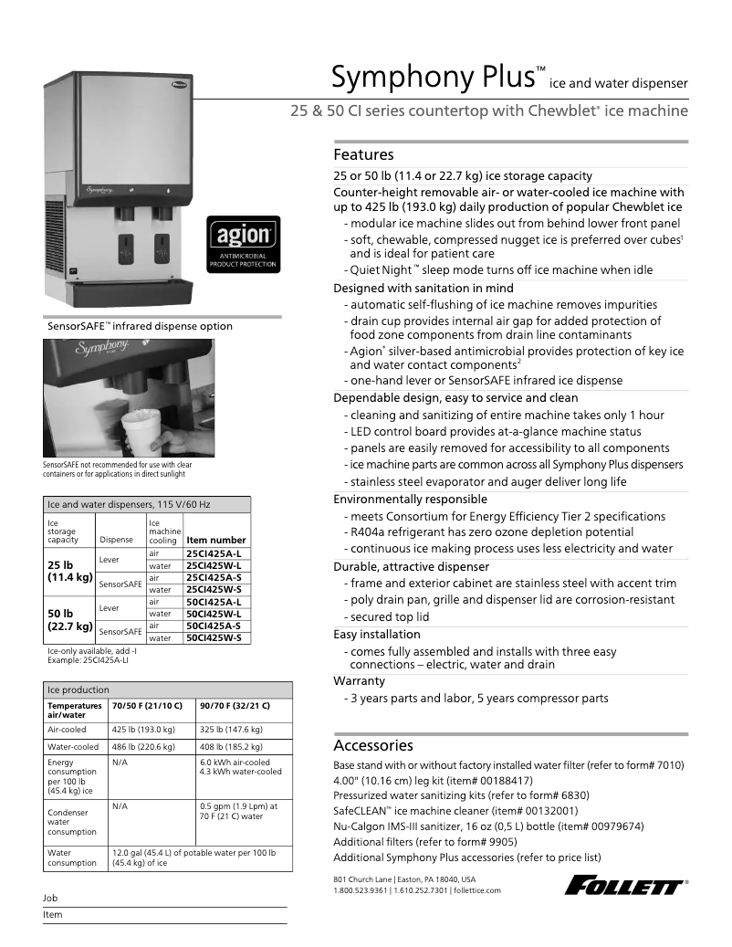 Página 1 del manual Ficha técnica Follett 25CI425A-S