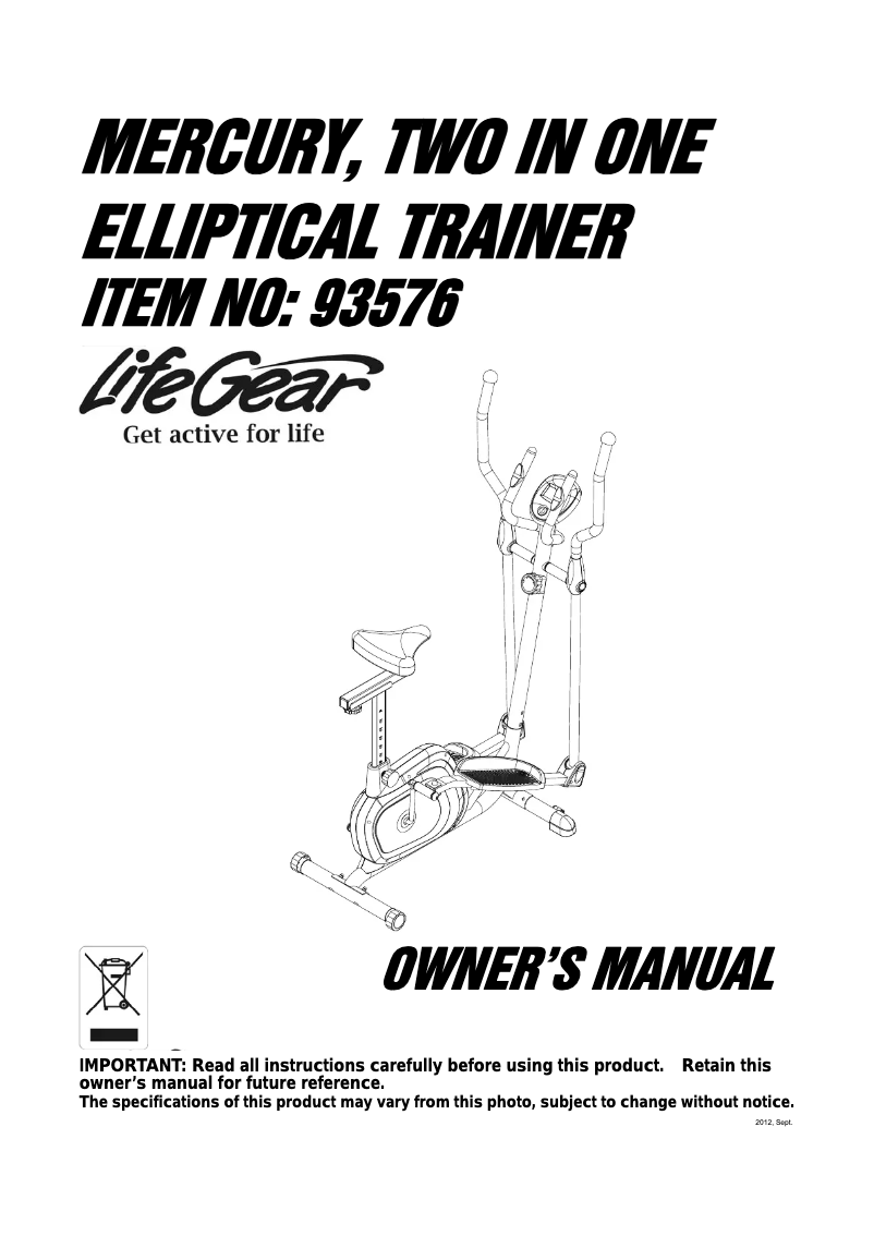 Imagen de la primera página del manual del dispositivo Mercury 2 in 1 Elliptical Trainer 93576