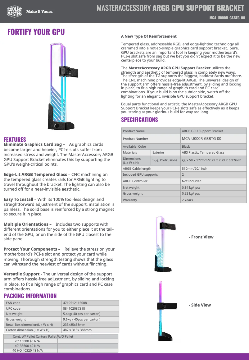 Imagen de la primera página del manual del dispositivo ARGB GPU Support Bracket