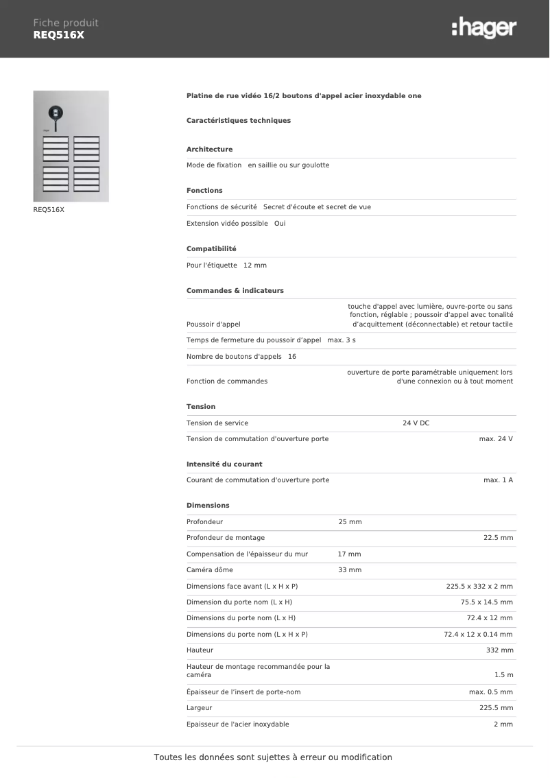Página 1 del manual Ficha técnica Hager REQ516X