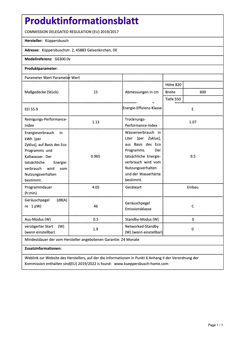 Página 1 del manual Etiqueta energética Küppersbusch G6300.0v