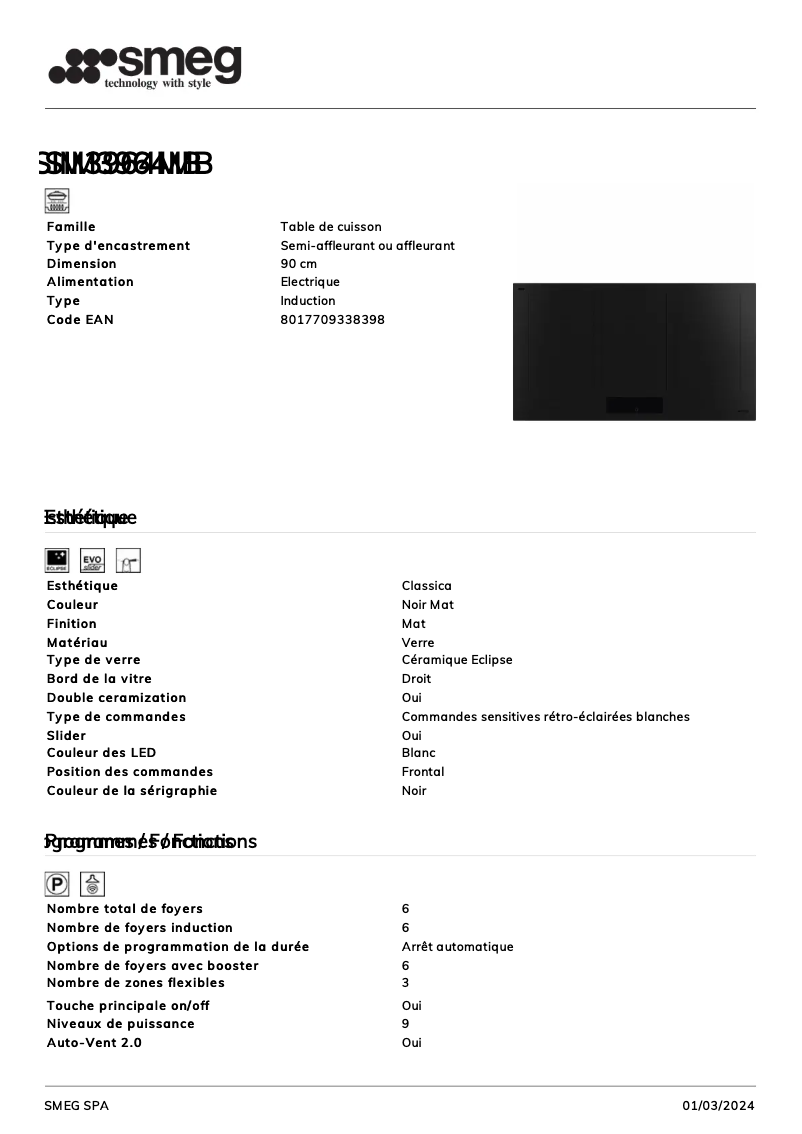 Página 1 del manual Ficha técnica Smeg SIM3964MB