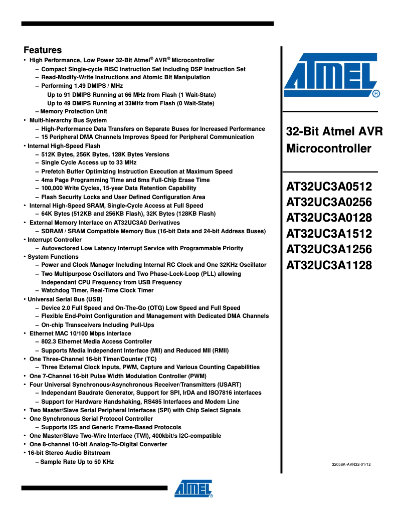 Imagen de la primera página del manual del dispositivo AT32UC3A1256