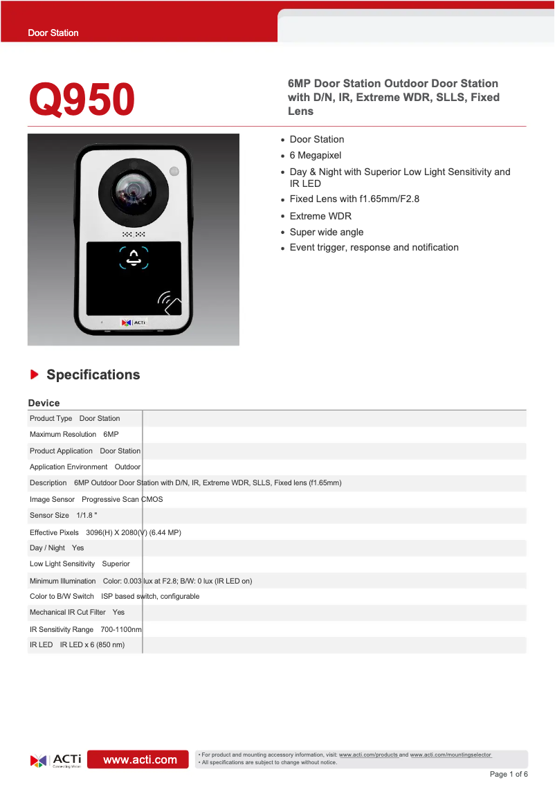 Página 1 del manual Ficha técnica ACTi Q950